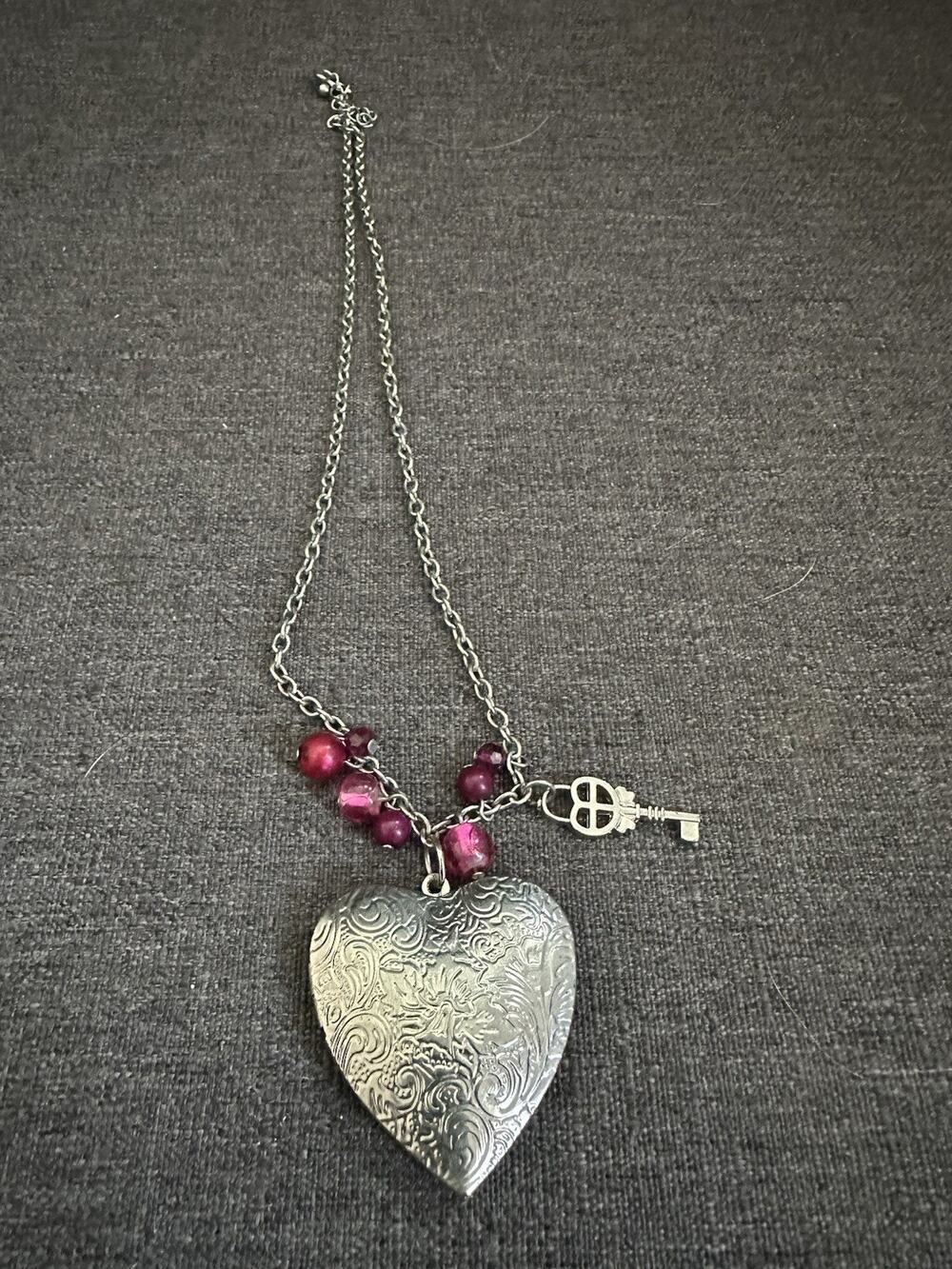 Silver Tone Heart Locket Necklace Pink Purple Beads Key Charm Floral